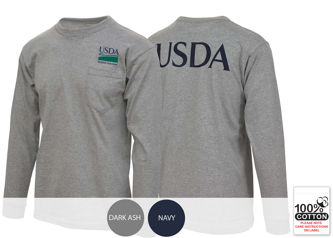 Unisex Long Sleeve Cotton T-Shirt with Pocket with USDA on back
